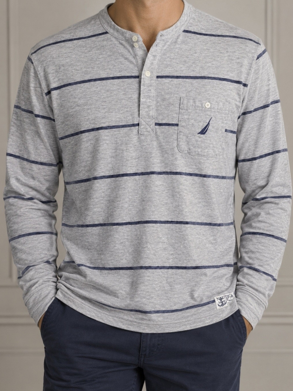 Nautica Men's Long-Sleeve Gray Stripe Henley Shirt